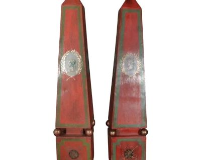 Large Pair of Vintage Tole Obelisks in Red, Green & Gold. Italy, 20th Century