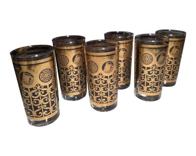 Six MCM Gold and Black Libby Cocktail Glasses