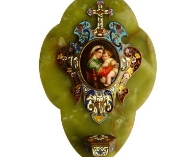 Mid 19th Century French Napoleon III Onyx Champleve and Limoges Plaque Large Holy Water