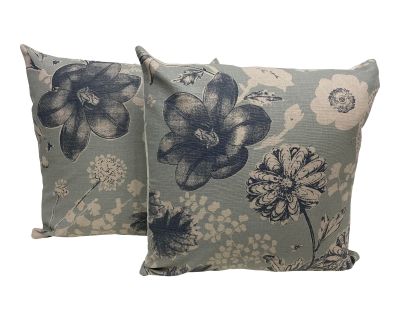Pair of 20" Square Pillows With a Blue Batik-Like Block Print Floral Pattern - Made in Uk