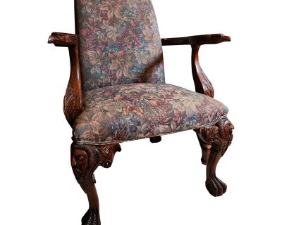 1970s Thornton White Charleston House Hand Carved Mahogany Tapestry Chair