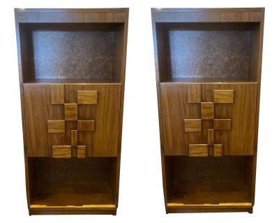 1970s Lane Stuccato Walnut Brutalist Mid Century Modern Drop Down Bar Cabinet - a Pair