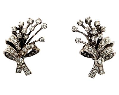 Vintage 1950s Diamond Spray Ribbon Earrings in 18K White Gold, 3 Carats