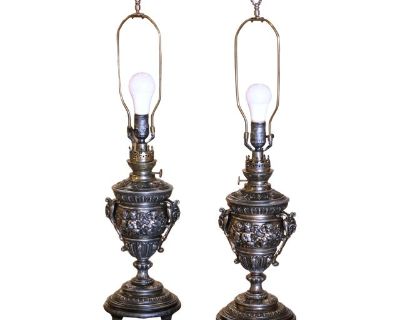 Pair of 19th Century French Polished Repousse Urn-Shaped Table Oil Lamps