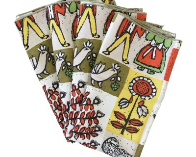 Vintage Block Printed Pennsylvania Dutch Folk Art Thanksgiving Square Napkins Set of 4