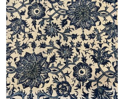 English Designer Soane Britain Persian Flower in Blue Linen Fabric Remnant