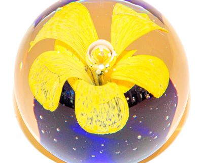 Murano Hand Blown Paperweight Yellow Flower With Blue Base Collectible Art Glass