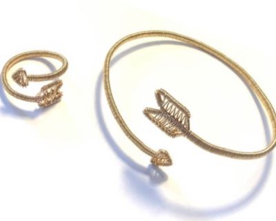 Gold Wire Wrap Valentines Day Arrow Bracelet & Ring