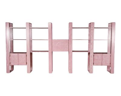 This 157.5 inch wide pink cerused oak modular wall bookcase, which is finished on the back so can also be used as a floating room divider, is by Lou Hodges and was designed and produced in California in the 1970s and 1980s. You can configure this modular set in so many ways, as three individual sections, one large and one small section or as one extremely large wall unit (as shown in the photos...