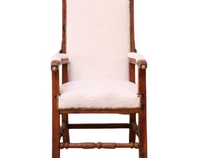 This exceptional 18th-century Louis XVI reclining chair showcases the perfect balance of antique craftsmanship and modern refinement. Built from solid oak with hand-forged iron mechanisms, it reflects the neoclassical elegance of the Louis XVI period with carved details, turned stretchers, and brass nailhead accents. The chair has been newly upholstered in James Dunlop Fleece Snow, a luxe ivory...