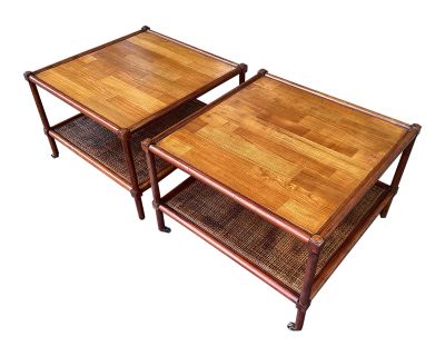 1960s Vintage Pair of Baker Furniture Company Wood and Cane Cocktail Tables on Casters