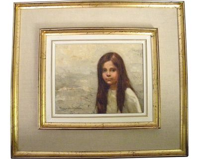 Vintage Mid-Century Girl Portrait Oil on Canvas Signed & Framed Painting