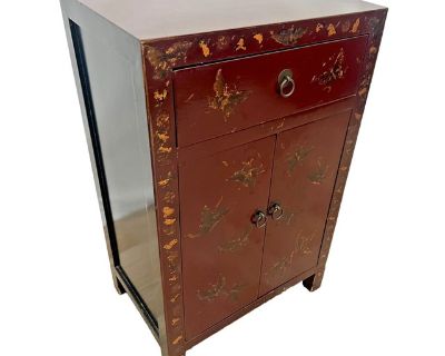 Gorgeous Mid Century Chinese Console Cabinet One Drawer Chinoiserie Hand Painted Butterflies and Flowers. 30" Tall X 13" Deep X 19" wide. Very Good Hand crafted structural condition, Original Patina, High End craftsman construction, Age/use related surface wear marks, Small Chips, dents, Scratches and blemishes, Some corner nicks, You will receive exact Cabinet in pictures. Shape: Rectangular D...