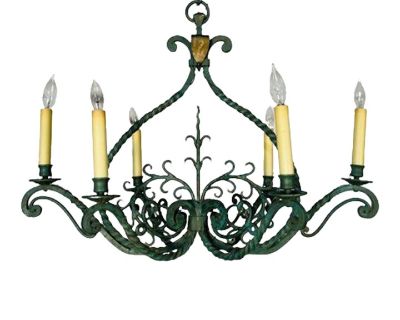 Wrought Iron Industrial Green Painted Chandelier, Circa 1930s