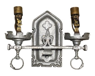 Antique Lion Electric Double Arm Brass Sconce Gothic Church Fleur De Lis