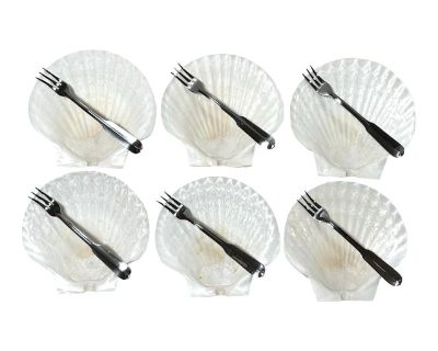 1970s Large Seashell Appetizer Dessert Plates & Forks - A Set 12 Piece Set