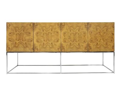Mid 20th Century Burled Olivewood Sideboard on Chrome Base Attributed to Milo Baughman