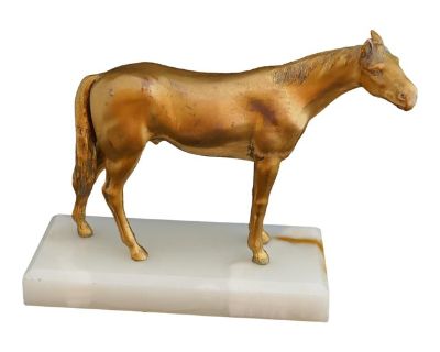 Vintage Spelter Metal Gold Horse Sculpture on Onyx Stone Base