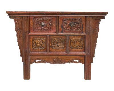 Chinese Vintage 2 Drawers Carving Brown Side Table Cabinet