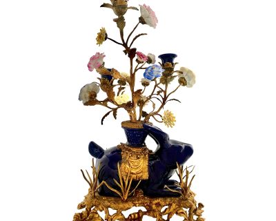 Vintage French Candelabra Rabbit Porcelain on Bronze Base With Flower Design