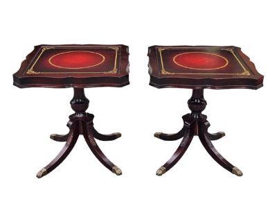 Louis Scalera English Regency Mahogany and Tooled Leather Pedestal Side Tables - a Pair