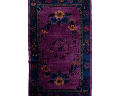 Purple Antique Art Deco Chinese Wool Rug Handmade With Floral Design