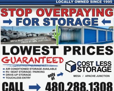 Cost Less Self Storage has the lowest rates around for self-storage. We can assist you with storage needs whether personal or for business.
Safe, Secure, Gated Storage Community - 24 HR Video Camera Security System in place
*Code in and out locking system
*Access 7 Days a Week - 7AM to 7PM, including holidays!
*Free RV Dump & Water
*NO Long-Term Contracts - Month to Month Lease!!
*Referral Prog...