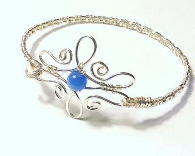 Silver Wire Weave Bangle Bracelet with Periwinkle Blue Bead