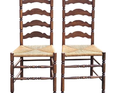 Mid 20th Century Pair Mid-Century Ladder Back Maple and Rush Seats Side Chairs
