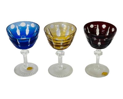 Vintage Czech Miser Coloured Crystal Cut to Clear 3 Stem Glasses, Czech