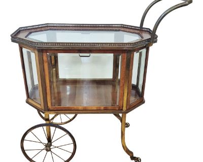 Vintage French Mid-Century Modern Liquor Server Bar Cart Cabinet on Wheels