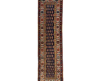 Vintage Kazak Caucasian Wool Runner in Blue With Multicolor Allover Design