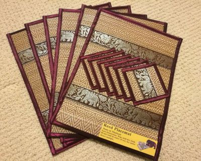 selling $26 Set of 6 Thai Silk Elephant Woven Straw Reed Placemats