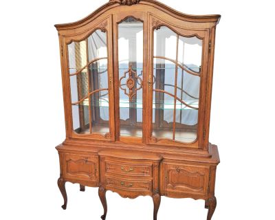 Vintage Louis XV French Country Style Oak China Display Cabinet