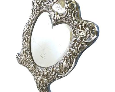 Antique Black Starr & Frost Heart Shaped Sterling Silver Dressing Mirror Easel Back
