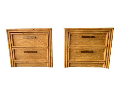 Late 20th Century Boho Chic Lea Faux Bamboo & Rattan 2 Drawers Nightstands - a Pair