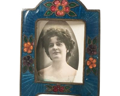Vintage Early 20th Century Brass Enamel Floral Miniature Tombstone Shaped Photo Frame