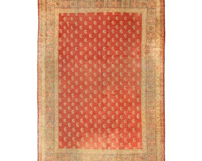 Antique Turkish Oushak rug with all-over design with red, light green and gold. Turkish Oushak antique carpet in red. Keivan Woven Arts / rug 17-0801, country of origin / type: Turkey / Oushak, circa 1920. Measures: 10'7 x 15'. This Oushak rug from Turkey features an all-over design in the central field rendered in shades of red and gold with a light mushroom colored border.. Dimensions 10 7 15...
