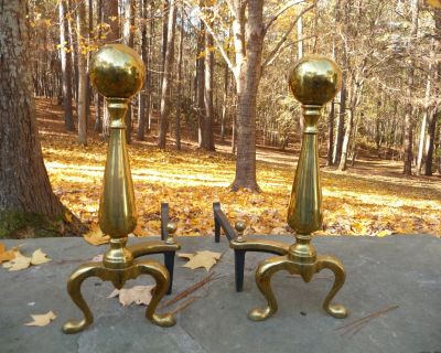 FS Pair of Antique vintage colonial large brass ball andirons Fire Dogs