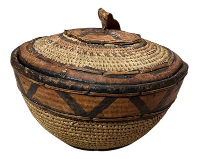 Early 20th Century Aged African Basket and Lid Trimmed With Leather; Antique Nigerian Basket
