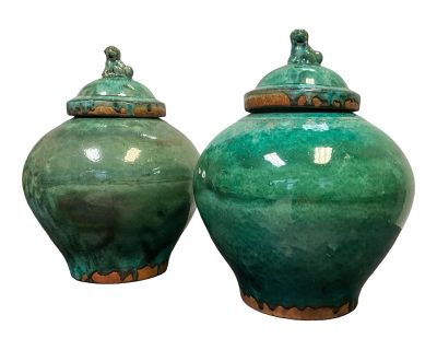 Chinese Export Style Large Scale Green Teracotta Pottery Jars With Foo Dogs - Pair