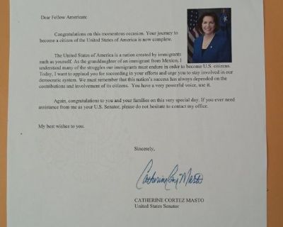 Immigration Welcome Letter Nevada Cortez Masto