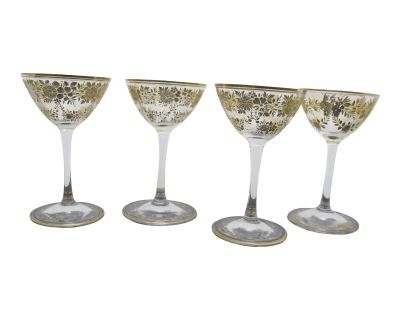 Gold Gilt Flower Encrusted Clear Crystal Aperitif Wine Glass Set of 4