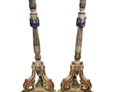 Pair of Italian Venetian Style Polychrome Painted Carved Wood Pedestal Fern Stands