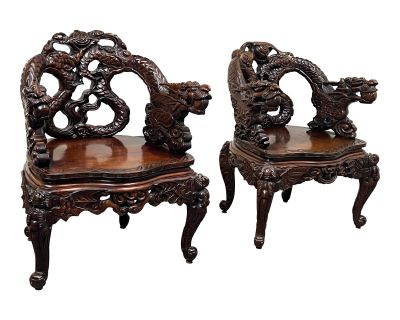 Antique Hand Carved Dragon Chairs, a Pair