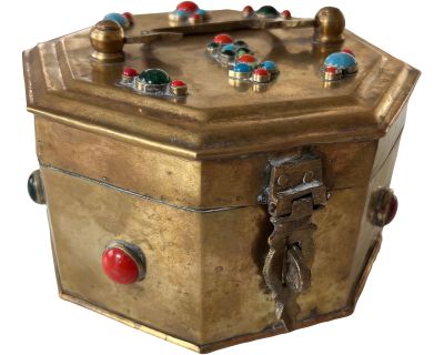 Bejeweled Turquoise and Coral Stone Octagonal Brass Box