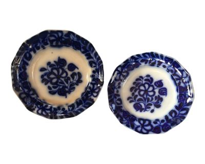 Daisy and Berries Brush Stroke Pattern by J. Heath; Antique Ironstone Transferware Flow Blue, 12-Sided Luncheon Plates Pair