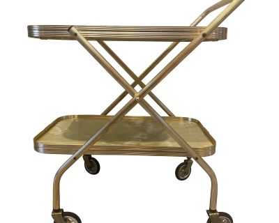 Mid Century Modern Green and Gold Faux Marble, Folding Tea Trolley, Bar Cart, C. 1960s
