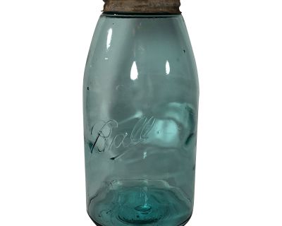 Early 1900's Aqua Glass Ball Mason Jar With Original Zinc Lid Half Gallon