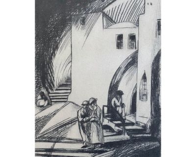 Isaac Lichtenstein 1Bezalel School Jerusalem Israeli Judaica Etching - Street